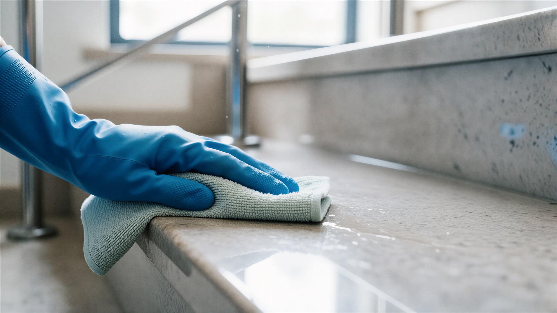 Hand mit Handschuh wischt eine Fensterbank mit Mikrofasertuch